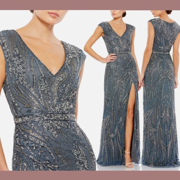 Mac Duggal Dresses & Skirts - NWT $598 Mac Duggal [ 12 ] Intricate Beaded V-Neck High Slit Gown Charcoal #Q565